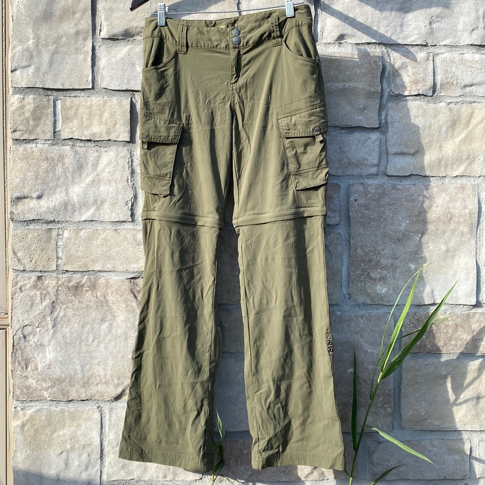 PRANA Woman’s Hiking Convertible Utility Pants Button Roll Up Cargo Olive Green